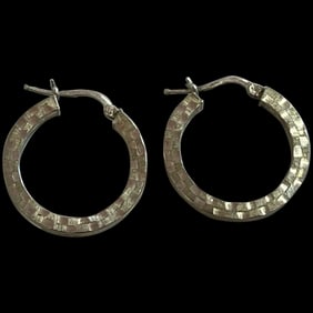 Vintage Sterling Silver Checkered Pattern Hoop Earrings
