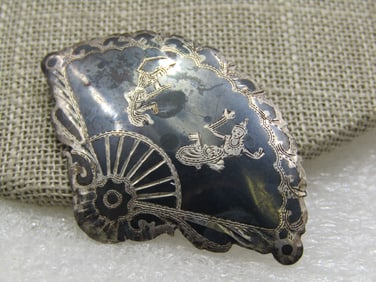 Vintage Sterling Black Siam Goddess Brooch, Fan Shaped, Mid-Century