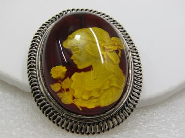 Vintage Sterling Amber Resin Carved Brooch/Pendant , Girl with Flower, 2-1/8"
