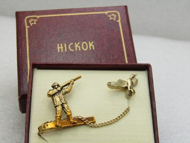 Vintage Gold Tone Hickok Duck Hunter & Duck Tie Clasp & Tack Pin, Original Box