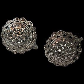 Vintage Sterling Silver Screw Back Non-Pierced Marcasite Flower Cluster Earrings
