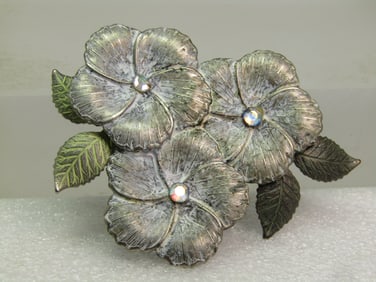 Vintage Enameled Triple Blossom Brooch, 1980's-1990's, AB Centers