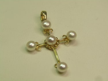Vintage 14kt Gold Pearl Cross Pendant, Signed LRS, 1980's-1990's