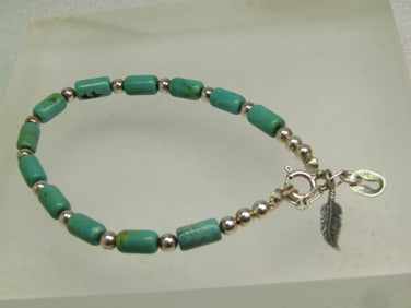 Sterling Carolyn Pollack Turquoise Bracelet, Feather Charm, Southwestern, 1990's. 8.5"