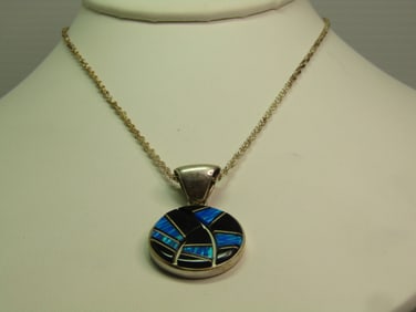 Vintage Sterling Inliad ONyx and Faux Opal Necklace, 18", 1980's-1990's, Southwestern