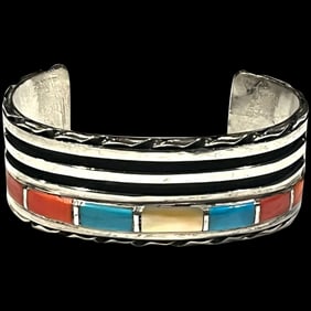 Vintage Zuni Sterling Silver Turquoise, Coral, and Shell Channel Inlay Cuff/ Bracelet
