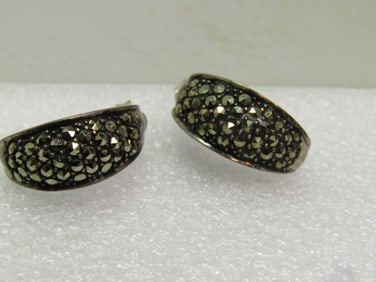 Vintage Sterling Marcasite Pierced Earrings, Half-Hoops, 1980's