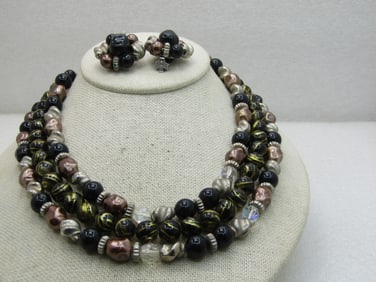Vintage Black, Gold Beaded Multi-Strand Necklace Earrings Set, 17", 1950's-1960's