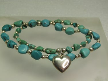 Two Sterling Southwestern Turquoise Bracelet, One Sterling Heart, Stretch, 6.5"/7"