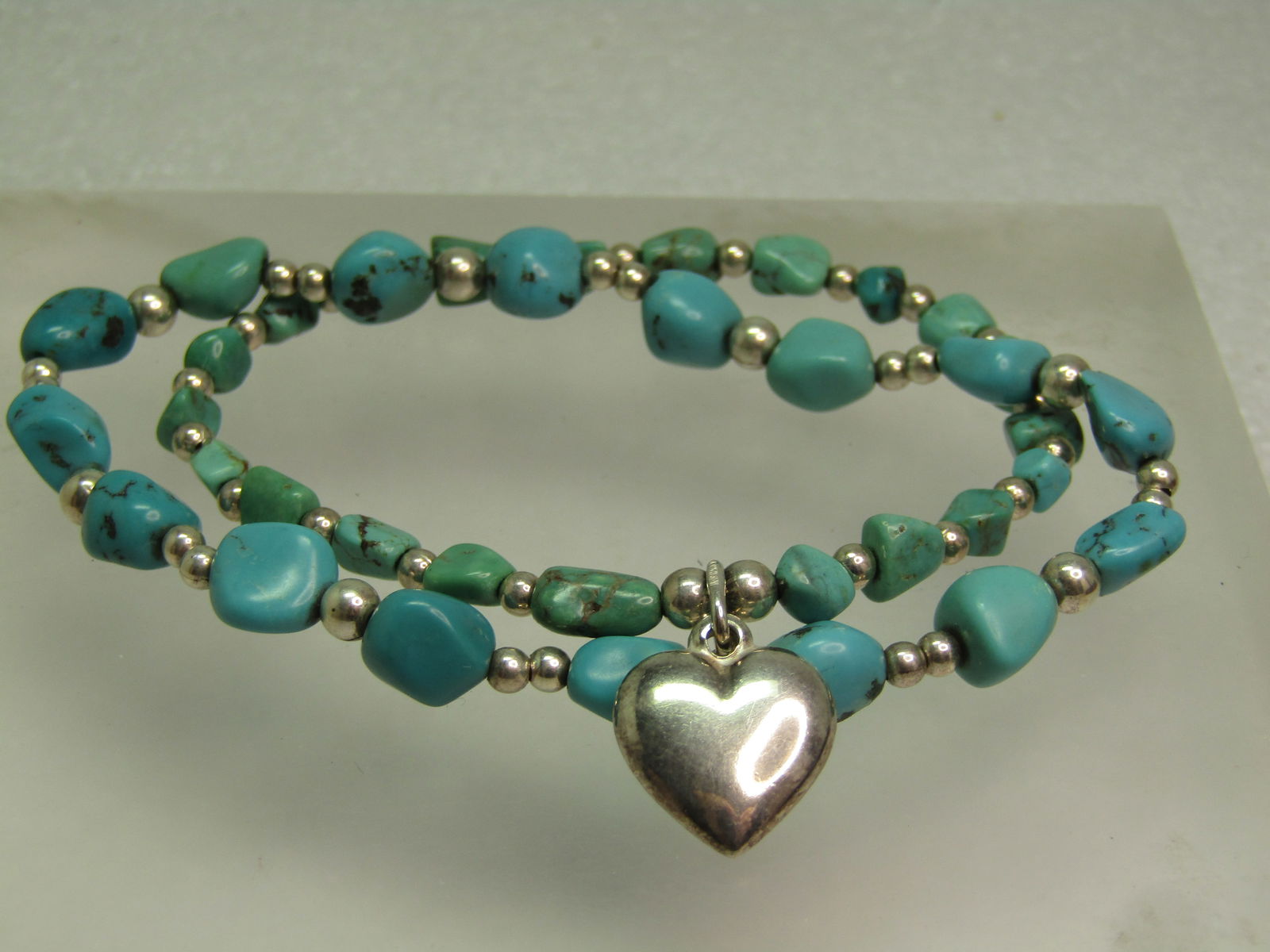 Two Sterling Southwestern Turquoise Bracelet,  One Sterling Heart, Stretch, 6.5"/7" (1 of 4)