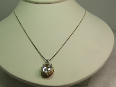 Sterling SIlver Rock Crystal Quartz Halo Necklace, 18", Signed JC, 1990's