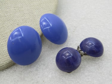 Vintage 2 Pairs Purple Clip Earrings, Round, Mid-Century