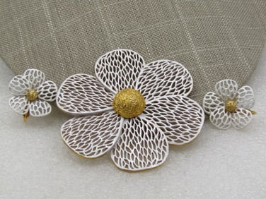 Vintage White Enameled Filigree Floral Brooch & Earring Set, Clip