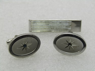 Vintage Cufflinks & Swank Tie Bar Lot , 1960's-1970's, Silver Tone
