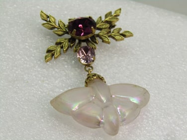 Vintage Dangling Butterfly Rhinestone Leaf Brooch, Opalescent, Signed F, 1980's-1990's