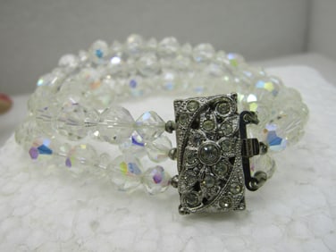 Vintage Clear Aurora Borealis Crystal Bracelet, Tripe Row, Ornate Clasp, 7.25"