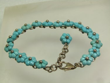 Vintage Sterling Turquoise Floral Bracelet, Signed WK (Whitney Kelly) 7"-8", 1980's-1990's