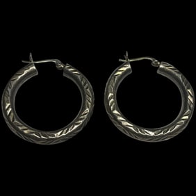 Vintage Etched Sterling Silver Hoop Earrings