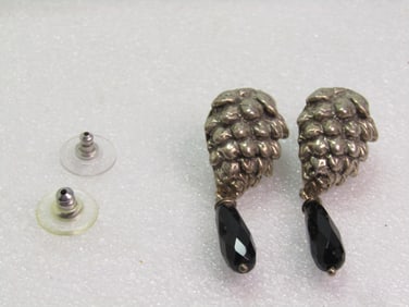 Vintage Sterling Modernist Pierced Earrings, Onyx Drop, Signed PF