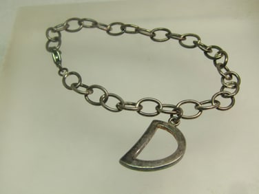 Vintage Sterling Bracelet with D Charm, 7", Signed M, 1980's-1990's