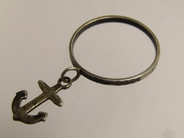 Vintage Sterling Silver Dangling Anchor Ring, Sz. 7, 1940's, Sweetheart Navy.