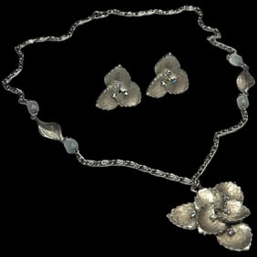Vintage Ornate Chain Flower Necklace and Earring Set