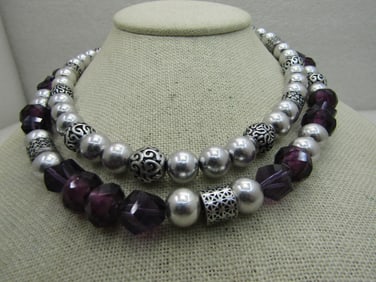 Vintage Double Strand Silver & Purple Beaded Necklace, Premier Designs, 20"