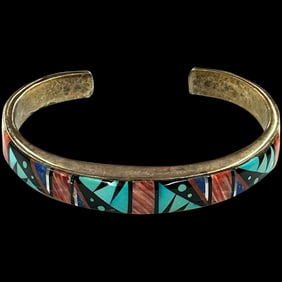 Vintage Navajo R.A.B.Q Multicolor Inlay Sterling Silver Bracelet- Cuff