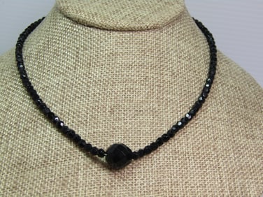 Vintage Black Glass Beaded Necklace, Faceted, 16", 1950's-1960's