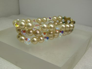 Vintage Triple Strand Faux Pearl Bracelet, AB Glass Beads, Signed Marvella. 1960's