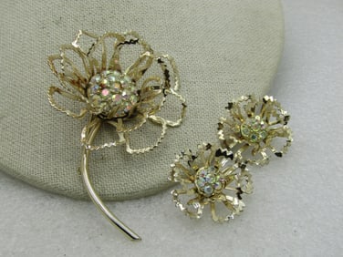 Vintage Sarah Coventry Rhinestone Floral Brooch & Clip Earrings Set 1960's-1970's