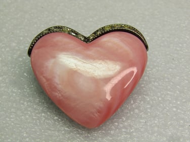 Vintage Pink Heart Brooch, MOP and Rhinestone Brooch, Signed Monet, 1980's.