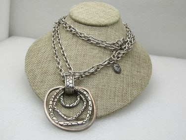 Double Strand Chunky Intertwined Hoop Necklace, 34", Silver Tone, Signed Treat NL
