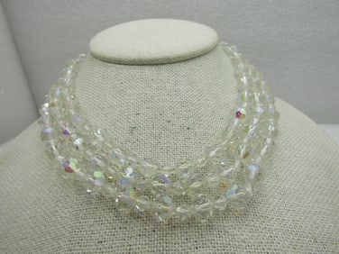 Vintage Triple Strand Aurora Borealis Beaded Necklace, Round Crystal, 16"