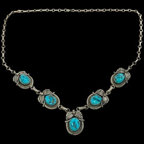 Vintage Signed MP Sterling Silver Native American Navajo Turquoise Necklace- Dated and Signed