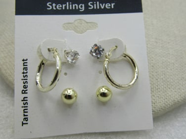 3 Pr. Sterling Gold Washed Pierced Earrings, Vintage New on Card, Hoops & Studs
