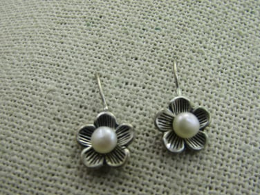 Vintage Sterling Blossom Drop Earrings, 4mm Cultured Pearl