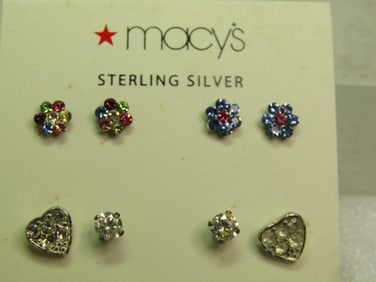 Sterling Four Pair Rhinestone Earrings, Pierced, Macy's, 1990's. The posts are sterling but the
