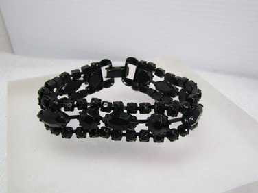 Vintage Black Metal & Rhinestone Bracelet, Signed Weiss, 1950's-1960's