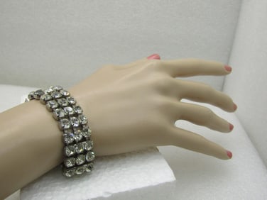 Vintage Triple Row Clear Rhinestone Bracelet, 8", Art Deco