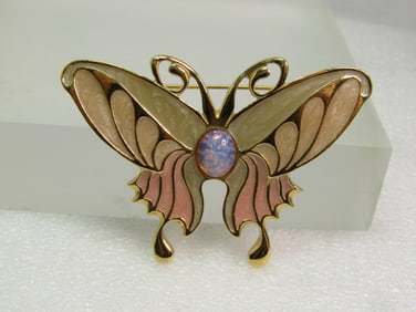Vintage Enameled Faux Opal Butterfly Brooch, 1980's