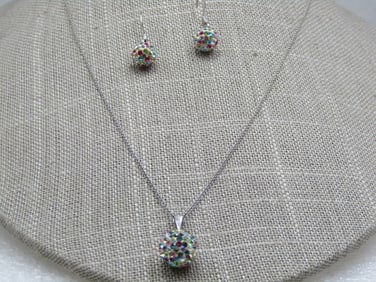 Sterling Pave Pastel Rhinestone Ball Necklace Earrings Set, 18"