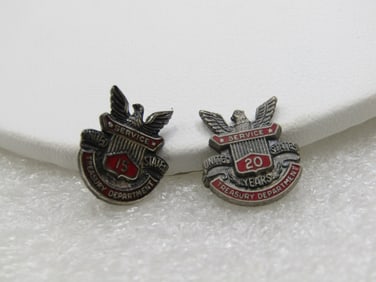 Vintage Pair Sterling 15 Yr 20Yr Treasury Department Service Brooches