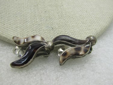 Vintage Sterling Southwestern Inlaid Horn Earrings, Clip 1950's-1960's