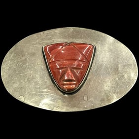Vintage Oversized Sterling Silver and Carved Natural Stone Face Belt Buckle