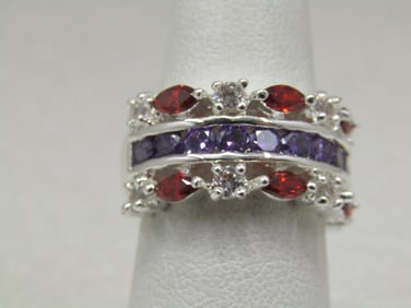 Silver Plated Rhinestone Band Ring, Red/Purple/Clear, Sz. 6.75, Cigar Band