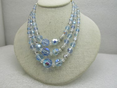 Vintage Blue & Clear Aurora Borealis Crystal Necklace, 3 Strands, 16"