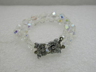 Vintage Double Strand Crystal Beaded Bracelet, 7.5", Aurora Borealis