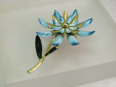 Vintage Blue/White Enameled Floral Brooch, Long Stem, 1940's-1960's