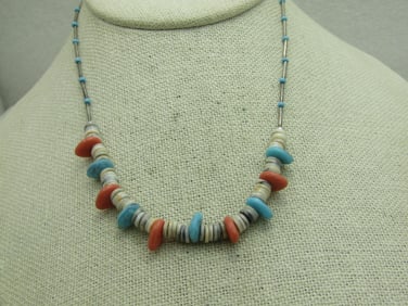 Vintage Southwestern Puka & Faux Coral Turquoise Necklace, 14"
